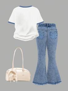 2pcs Tween Girls Casual Minimalist Short Sleeve Top And Pants Set, Suitable For Summer - Multicolor - View 2