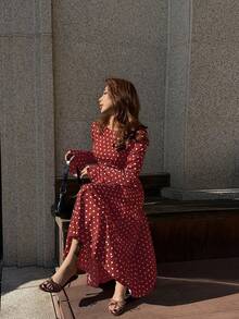 Pariaura 优雅圆领长袖收腰咖啡棕色波点荷叶边连衣裙，秋冬女装 - 紅色 - 查看 6