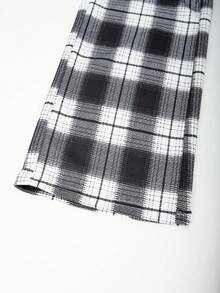 两件套青少年春夏休闲简约针织牛奶丝星形印花无袖露脐上衣和黑白格子数码印花宽松长裤套装 - 黑與白 - 查看 7