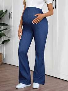 SHEIN Pregnant Women's Casual Flared Leg Jeans, Versatile For Daily Wear - Medium Wash - View 4