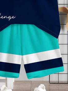 SHEIN Baby Boy Casual Simple T-Shirt Set Suitable For Summer, Classic Striped Pattern Print, Fashionable Text Logo Print - Multicolor - View 6