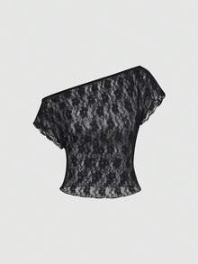 Sweetra 黑色蕾丝花卉面料不对称肩部花瓣袖短款上衣，优雅甜美可爱，适合女性，可用于派对、度假、海滩、约会等场合，百搭实用。 - 黑色 - 查看 1