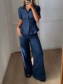 DAZY 女士翻领短袖收腰牛仔开衫搭配宽松牛仔裤休闲套装 - 深色水洗藍 - 查看 3