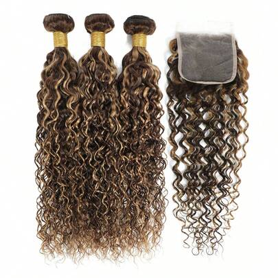 高光钢琴色水波纹3束原生人发束，含4x4自由分缝蕾丝发片，一套P4/27#混合波浪发束及发片