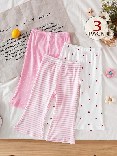 SHEIN 3pcs/Set Baby/Baby GirlSolid Color Knit Flare Pants, Elastic Waist Casual Everyday Leggings With Cute Heart Print Accent, Suitable For Spring/Summer/Autumn