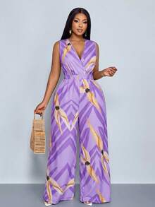 SOLERSUN Bộ jumpsuit không tay in họa tiết hoa lá, eo chun, cổ chữ V dành cho nữ cỡ lớn, thích hợp cho kỳ nghỉ xuân hè và mặc hàng ngày. - Màu tím - Xem 3