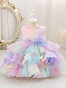 Glamorique Kids Robe de princesse en tulle pour filles, jupe bouffante, robe de demoiselle d'honneur pour anniversaire, costume de danse pour enfants - Rose bonbon - Voir 4