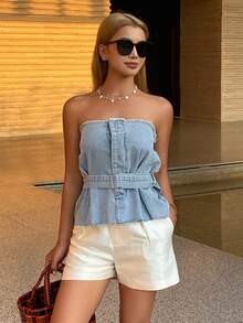 Livesso Women's Cotton Frayed Hem Waist Denim Blouse, Summer - Light Wash - View 3