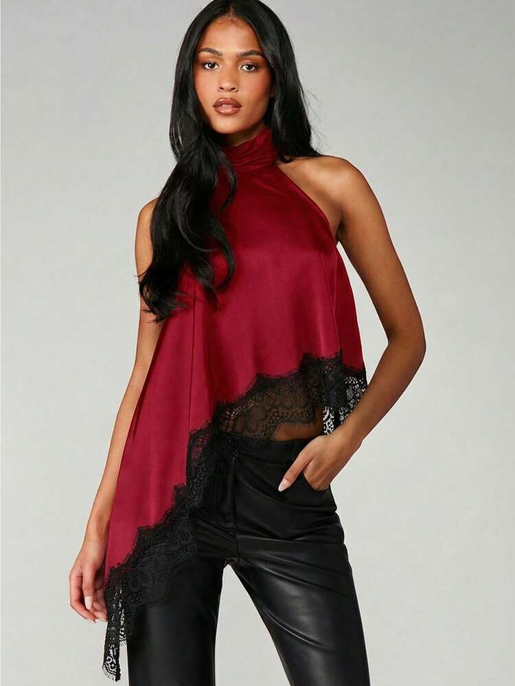 MISSGUIDED Halter Neck Sleeveless Top With Lace Trim Detail For Holiday Party Evening Occasions