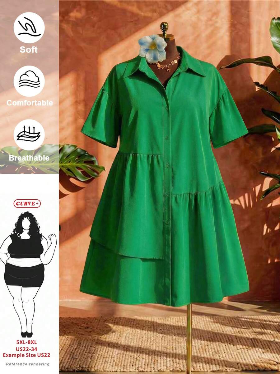 SHEIN CURVE+ Plus Size Women's Emerald Green Ruffle Hem Dress,Summer Smart Casual Vacation Beach Wear,Bohemian Vintage Style St. Patrick's Day Outing Outfit