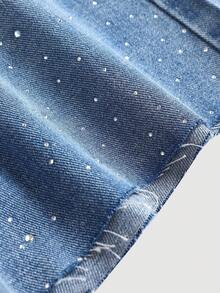 女童闪亮水钻装饰宽松牛仔短裤 - 中等水洗藍 - 查看 2