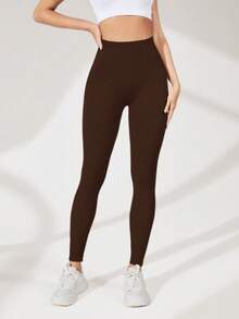 SHEIN Sports 女士纯色高腰日常健身无缝紧身裤瑜伽裤 - 咖啡棕 - 查看 4