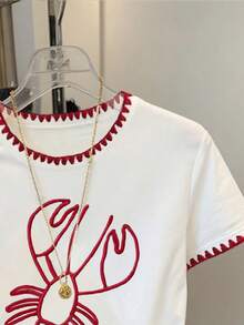 Resyla Women's Casual Contrast Trim Lobster Print T-Shirt, Summer - White - View 3