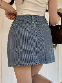 Chân váy denim ngắn dáng suông kẻ sọc kiểu dáng thường ngày dành cho nữ, thích hợp cho mùa hè. - Rửa trung bình - Xem 2