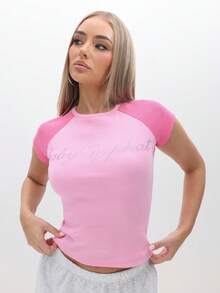 BABYPHAT Áo thun trẻ em cỡ lớn màu hồng, chất liệu jersey gân, tay raglan, in chữ đính đá ở phía trước. - Nhiều màu - Xem 1