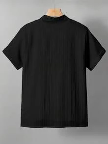 SHEIN Casual Textured Striped Fabric Stand Collar Shirt For Teenage Boys, Comfortable & Versatile For Daily, Commute, Vacation Wear - Black - View 2