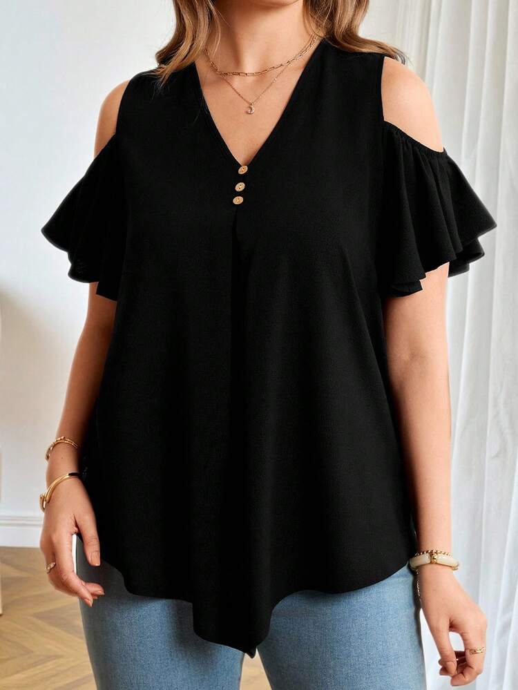 Plus Size Women's Summer Casual Vacation Solid Color Black Cold-Shoulder Ruffle Sleeve Loose Fit Basic Short Sleeve Blouse, Spring For Summer/ Vacation,Summer Holiday,Spring Break,Vacation,Holiday,Going Out,2026 New,Simple And Fashionable For Everyday Wear,Casual Vacation Boho Top,Suitable For Summer, Vacation, Commute, Daily Wear, Summer Tops