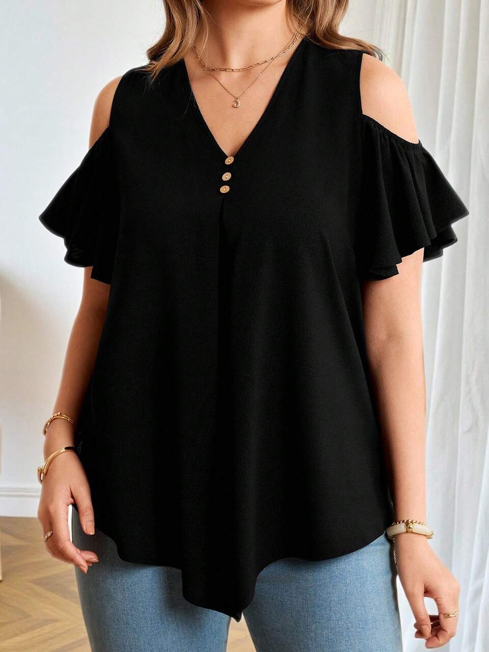 Plus Size Women's Summer Black Elegant Casual Vacation Cold-Shoulder Ruffle Sleeve Loose Fit Solid Color Basic Short Sleeve Blouse Boho Tops