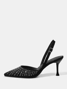 CUCCOO TILAWA Pointed Toe High Heel Closed Toe Full Rhinestone Lady Backless Sandals, Sexy For Evening Wear Spring Shoes Spring Break Easter Prom Heels For Christmas - Black - View 2