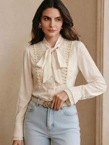 Anewsta Elegant Bowknot Tie Design Embroidered Beaded Women Blouse - Apricot - View 3
