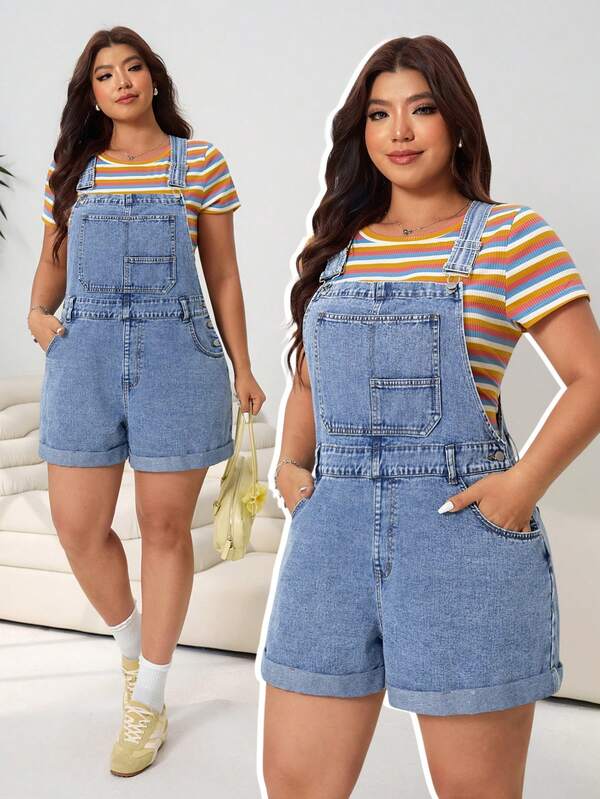 Solflare Pantaloncini di jeans casual estivi con pettorina per taglie forti, adatti per carnevale, pendolarismo, vacanze, laurea, stile Y2K carino, streetwear, festa, matrimonio, elegante, casual aziendale, spiaggia, Pasqua. Salopette di jeans casual in lavaggio chiaro con tasche, comoda, con orlo arrotolato, per taglie forti, adatta per uso quotidiano.