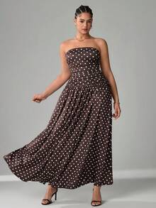 SHEIN Tall CURVE Vestido de verano con estampado de lunares, sin tirantes y ajustado para tallas grandes - Marrón - Ver 11