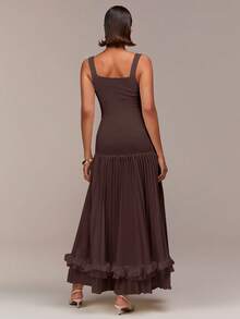 COSMINA Vestido de mujer sin mangas con cuello cuadrado, tela elástica de punto con diseño de patchwork, diseño plisado, detalle de volantes, vestido extra largo, adecuado para fiestas, reuniones, bodas, festival de primavera, San Valentín, citas, color albaricoque, vestido de verano, vestido de invitada de boda, vestido romántico - Marrón - Ver 5
