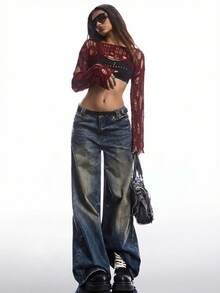 LYSMO 女士酒红色做旧船领性感长袖套头毛衣，春夏款 - 酒紅色 - 查看 4