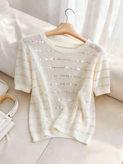 Airaco 女士亮片装饰圆领短袖休闲T恤