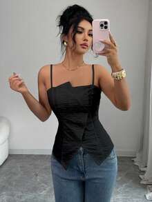 Elenzga Women's Spring/Summer New Arrival French Retro Elegant Elegant Casual Commute High-End Textured Fabric Camisole With Waist Cinching And Side Slit - Black - View 5
