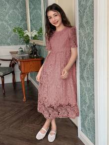 Hapijoa 少女夏季新款优雅圆领刺绣收腰高腰蕾丝连衣裙，适合阳光女孩穿着 - 粉色 - 查看 2