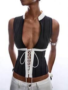 LYSMO 女士时尚性感撞色系带吊带背心 - 黑與白 - 查看 5