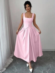 Rafferiza Women's Fashionable Sleeveless Square Neck Single-Breasted Vest And Pleated Flared Skirt 2-Piece Set, Versatile Daily Wear - Baby Pink - View 5