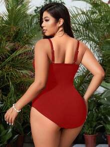 Swim Lushoire Plus Size Women Vacation Ribbon Trim Fashionable One-Piece Swimsuit - Red - View 2