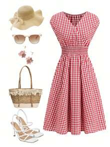 Ellevyn Vestido casual de media longitud con cintura fruncida y lazo a cuadros para mujer - Rojo y blanco - Ver 7