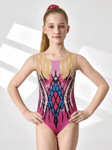 SHEIN Maillot sin mangas estampado y elástico para niñas preadolescentes, multicolor, adecuado para gimnasia, competiciones deportivas, entrenamiento diario, estampado vibrante, ropa deportiva cómoda - Albaricoque - Ver 3