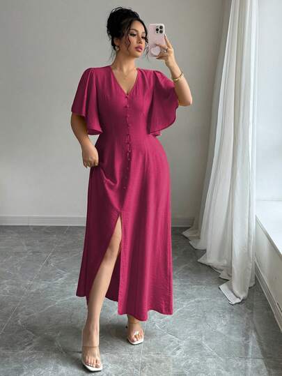 Roveilla 大码女式春夏法式优雅通勤休闲度假下午茶波西米亚风V领纽扣装饰A字开衩喇叭袖长连衣裙