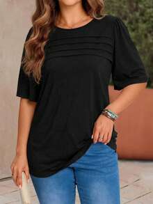 EMERY ROSE Plus Size Casual Solid Color Short Sleeve T-Shirt, Summer - Black - View 3