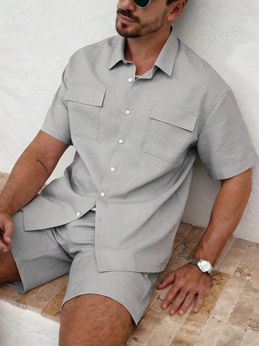 VENTUSAIL Bộ đồ nam thanh lịch, thích hợp cho kỳ nghỉ, gồm áo sơ mi vải lanh hai túi và quần short. - Màu Xám nhạt - Xem 1