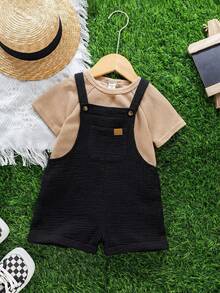 Bộ áo liền quần yếm bằng vải voan trắng trơn dễ thương, đa năng cho bé trai sơ sinh, thích hợp cho mùa xuân/hè. - Nhiều màu - Xem 6