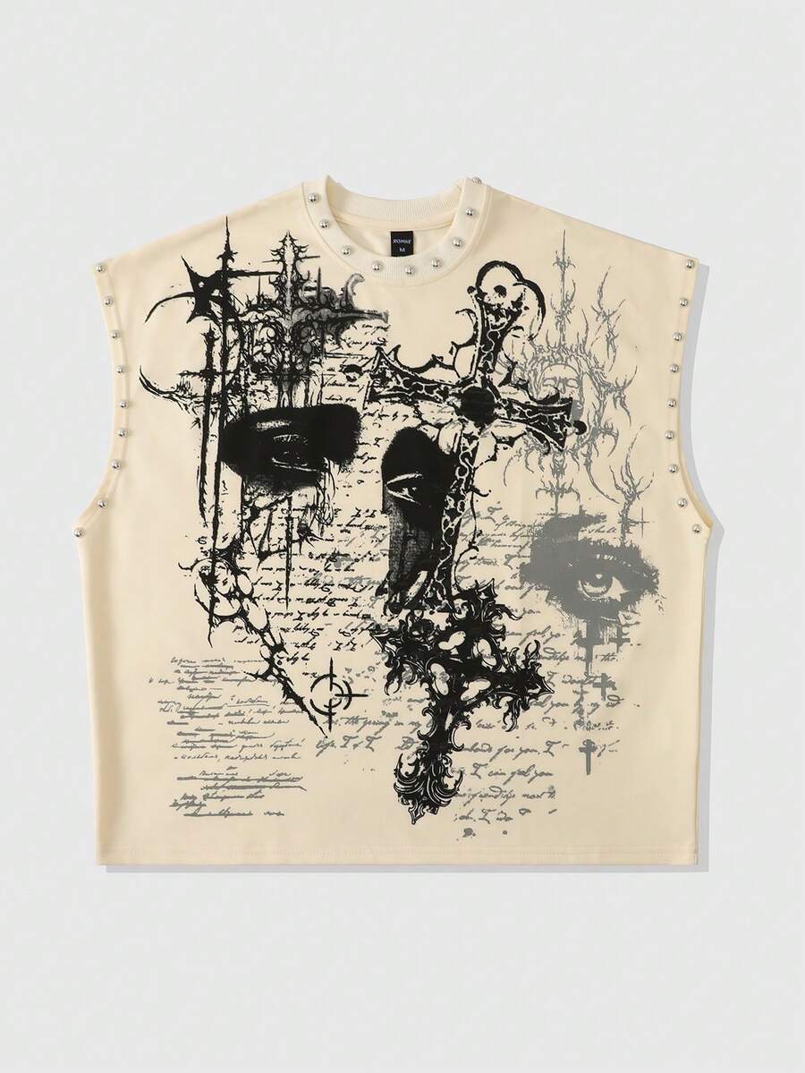 ROMWE MEN Street Life Áo tank top nam in họa tiết, đính đinh tán, dáng rộng - Màu be - Xem 1