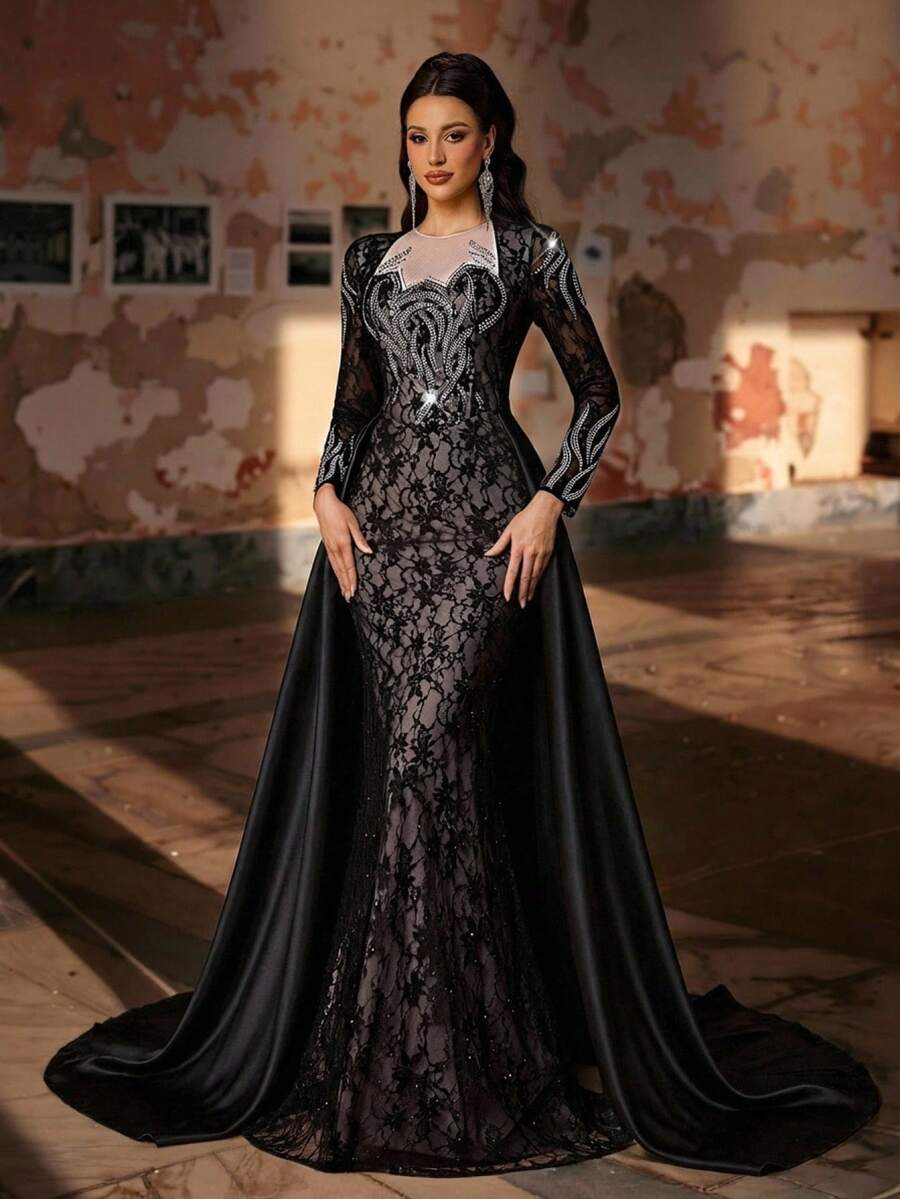 Aureia رداء أنيق فاخر مطرز من الساتان بتصميم رقعي ثلاثي الأبعاد مرصع باللؤلؤ والراين، مناسب لفستان السهرة، الملابس الرسمية للأعمال، فستان الضيف، فستان الدانتيل، فستان البلور، فستان الرداء - الأسود - مشاهدة 1