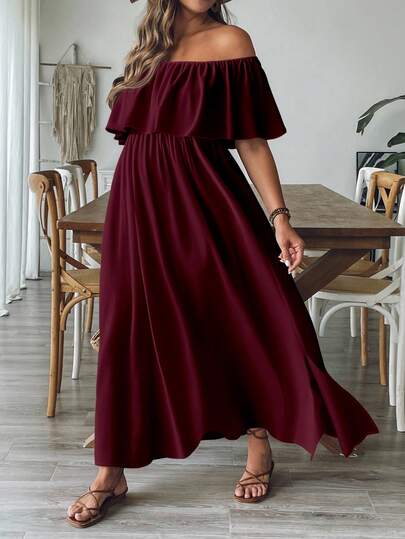 SHEIN VCAY Plus Size Casual Solid Color Off-Shoulder Dress Women's Summer Dresses Wine Red Dress For Women Women Casual Dresses Women Dresses Elegant Classic