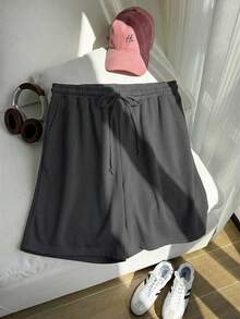 Comfortcana Deep Grey Plus Size Elastic Waist Drawstring Casual Summer Versatile Shorts - Dark Grey - View 5