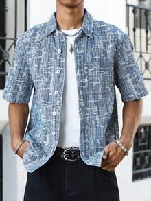 Manfinity EMRG Young Street-Style Washed Blue Fitted Jacquard Denim Short Sleeve Shirt, Spring/Summer - Blue - View 5
