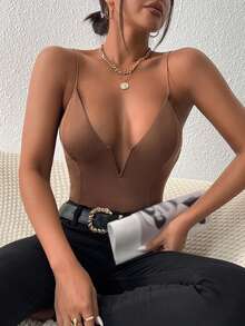 SHEIN PETITE Solid Plunge Neck Cami Bodysuit - Mocha Brown - View 1