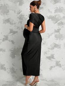 MaterniChic Vestido elegante de maternidad de unicolor con drapeado ajustado - Negro - Ver 9