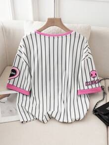 HELLO KITTY AND FRIENDS | SHEIN 少女可爱卡通印花条纹V领短袖宽松休闲针织T恤 - 粉色 - 查看 2