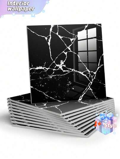 10 件 0.9 ㎡ 黑色仿瓷砖和大理石接触纸防水自粘墙贴适用于墙面翻新、装饰、防潮、铝塑板情人节、情人节婚礼、生日