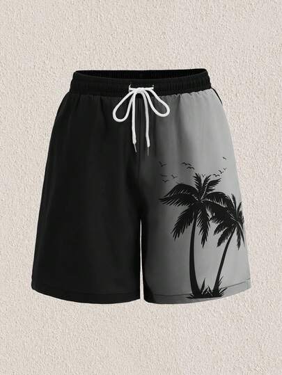 Mercer Haus 男士泳裤，夏威夷假日椰子树渐变色 3D 印花休闲户外沙滩短裤，抽绳腰带，单层无衬里，非常适合休闲、度假、沙滩装、夏威夷风情